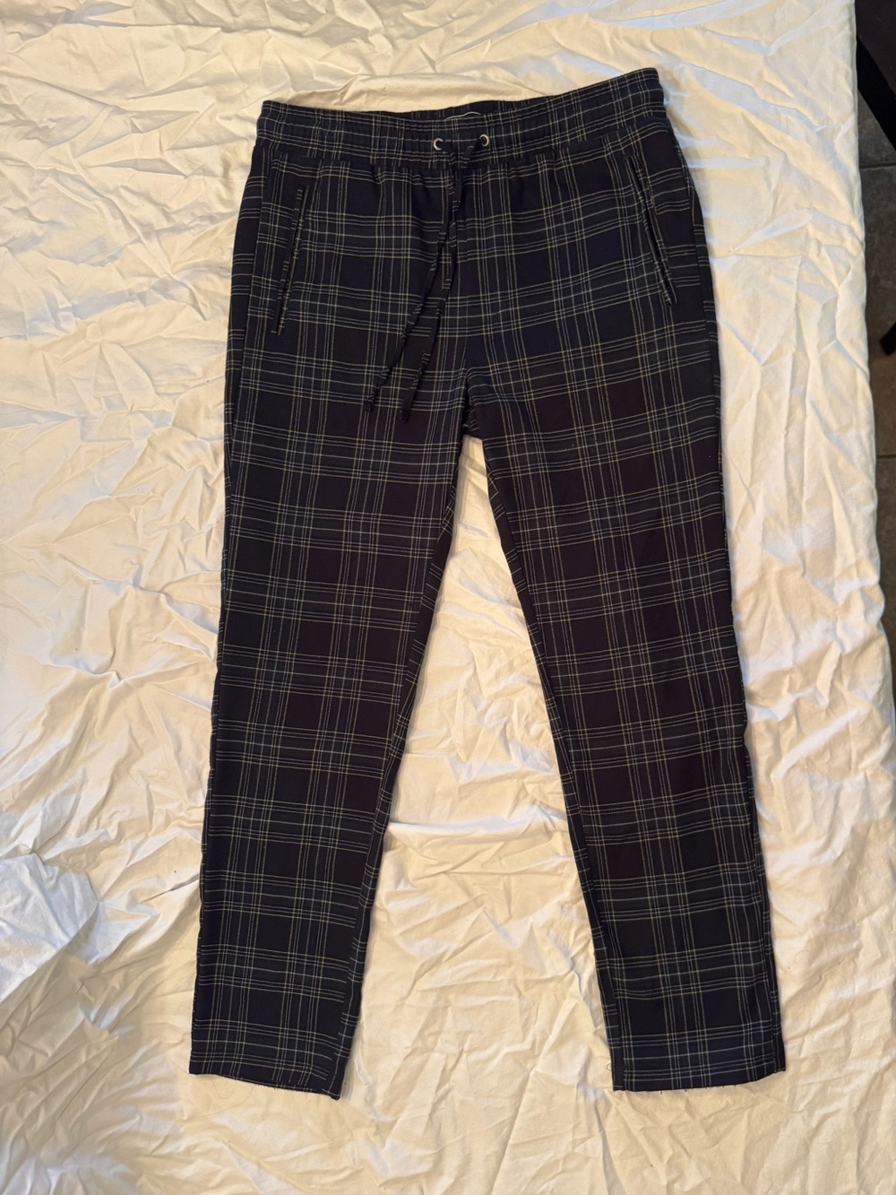 Forever 21 MEN Size M Medium Plaid Drawstring Jogger Pants Navy Yellow Grid Zip